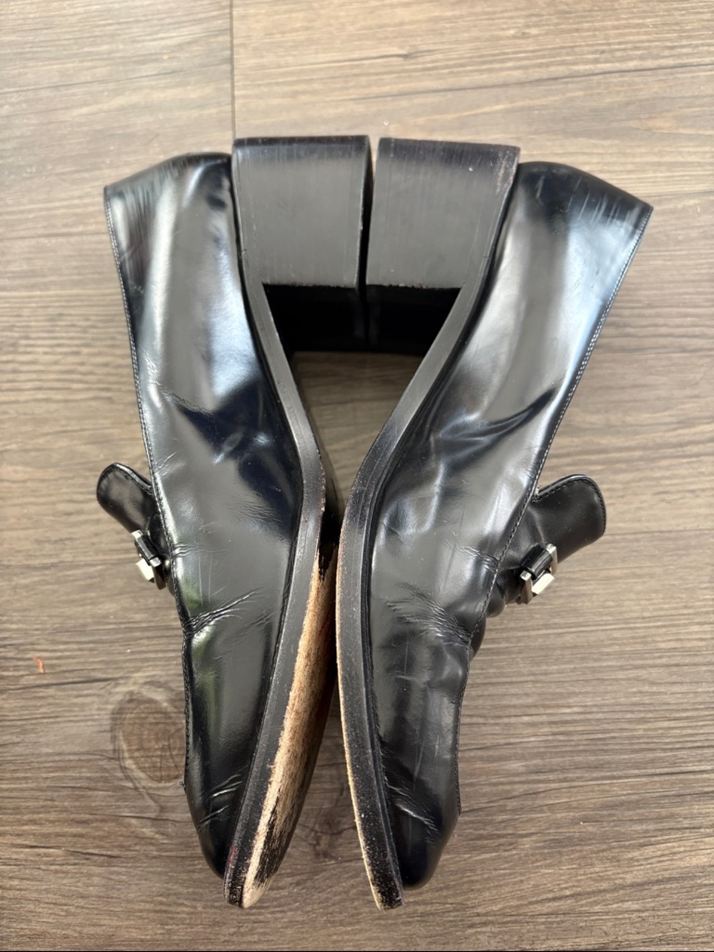 Vintage Gucci Leather Loafers Block Heels Black with Silver Horsebit Detail 9B - Picture 10 of 11